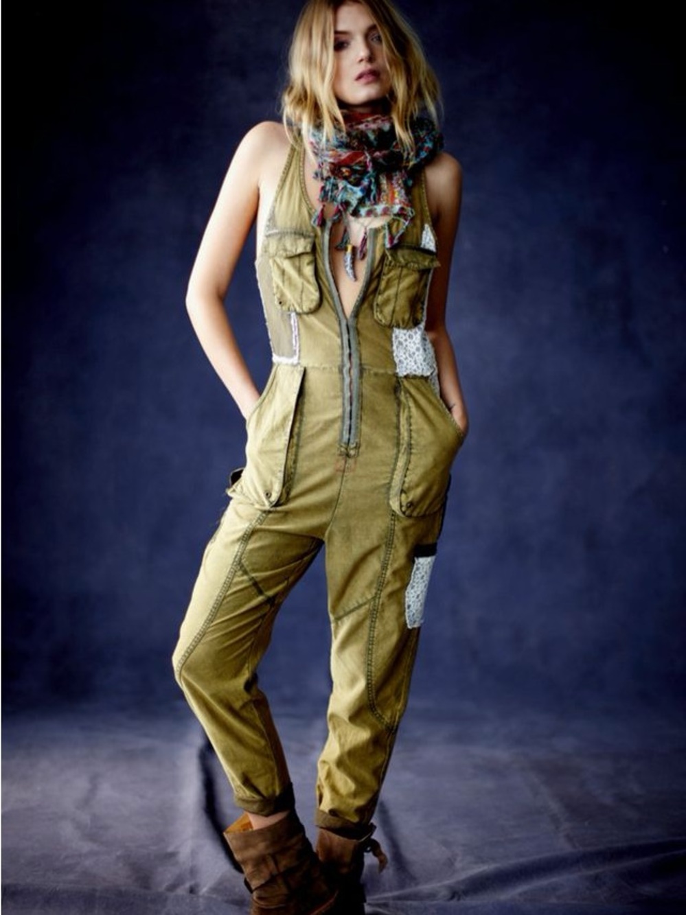 Free People 2013 Tencel Utility Ginger Jumpsuit Backless Zip Front Olive Green